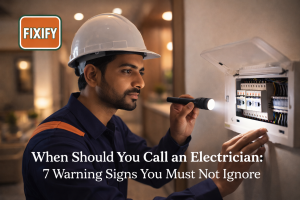 home electrician inspecting switchboard in South Delhi apartment