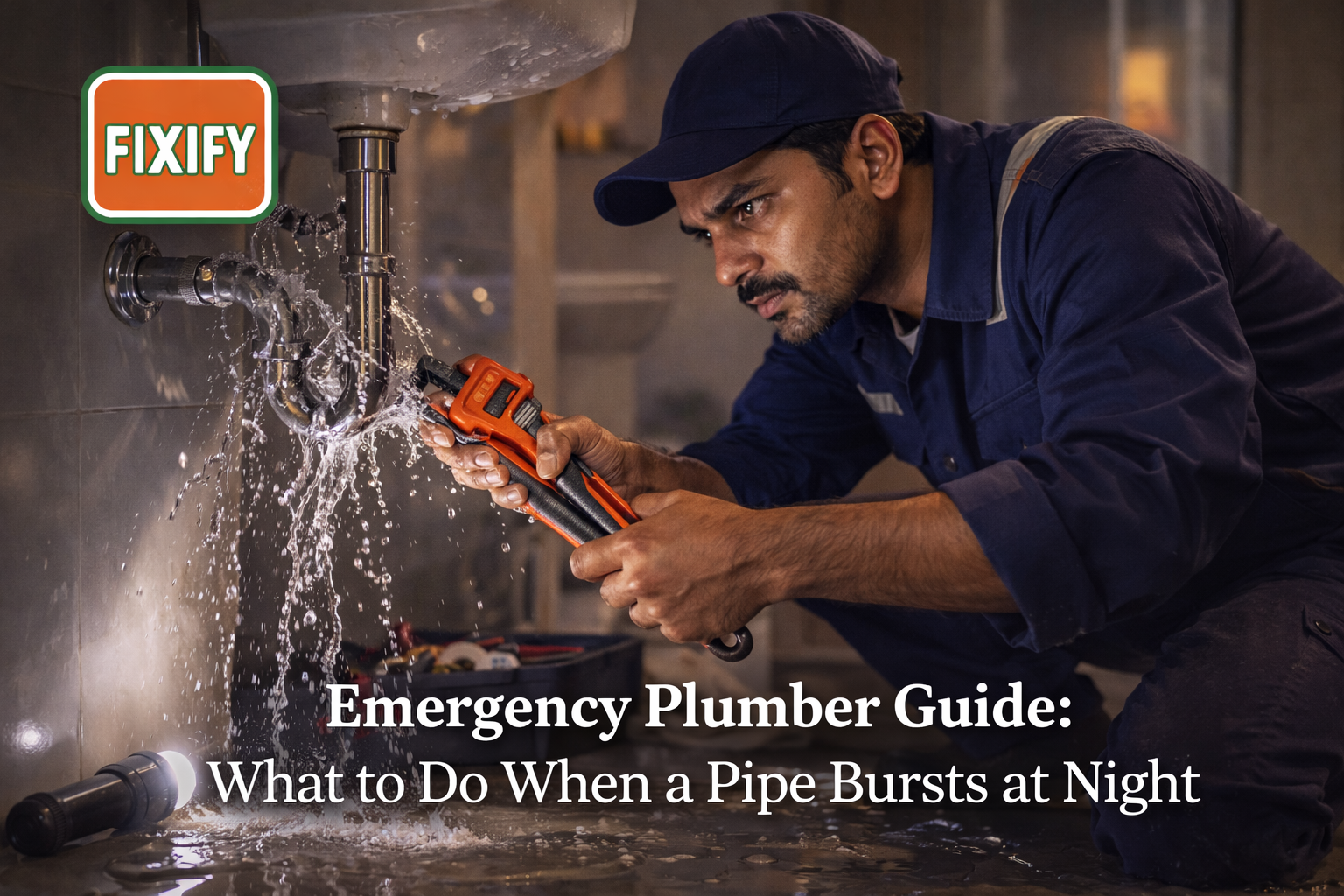 emergency plumber fixing burst pipe at night in South Delhi home