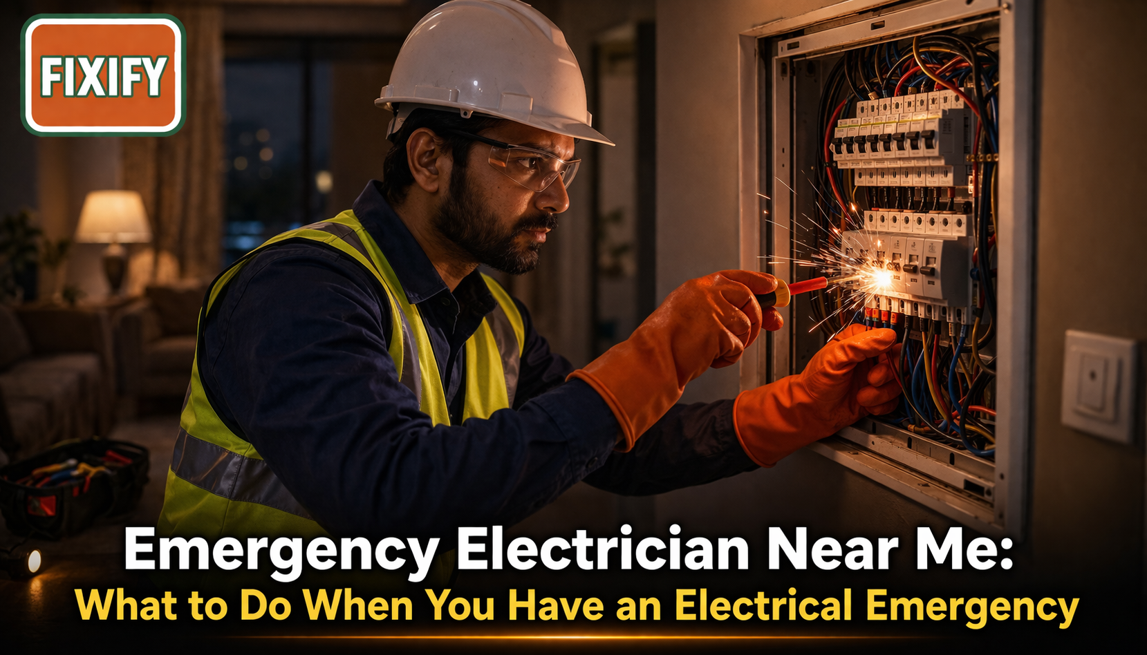 Emergency electrician near me fixing a sparking electrical distribution board in a modern Indian home at night