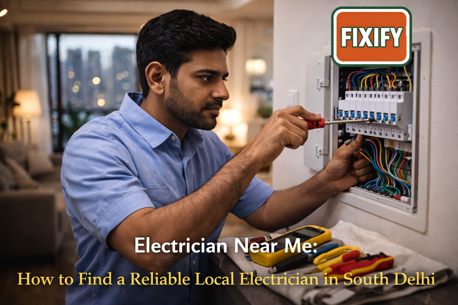 Reliable electrician near me in South Delhi working on home electrical panel
