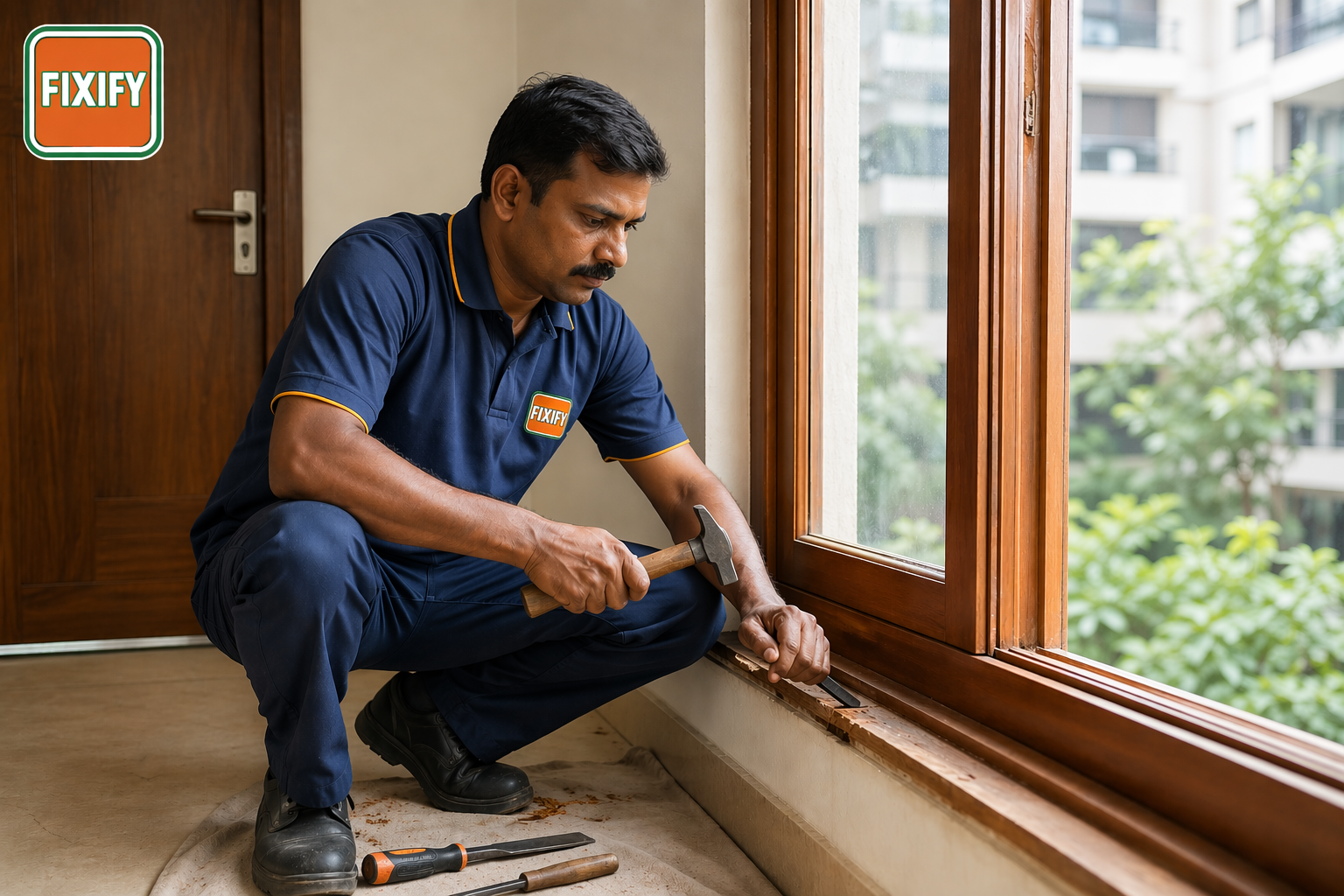 Window carpenter in South Delhi repairing wooden window frame at home