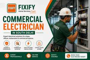 Commercial electrician in South Delhi repairing electrical panel with Fixify branding.