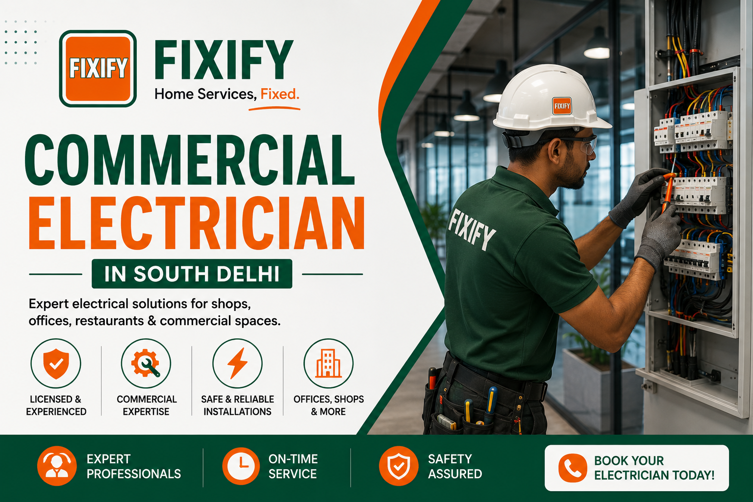 Commercial electrician in South Delhi repairing electrical panel with Fixify branding.