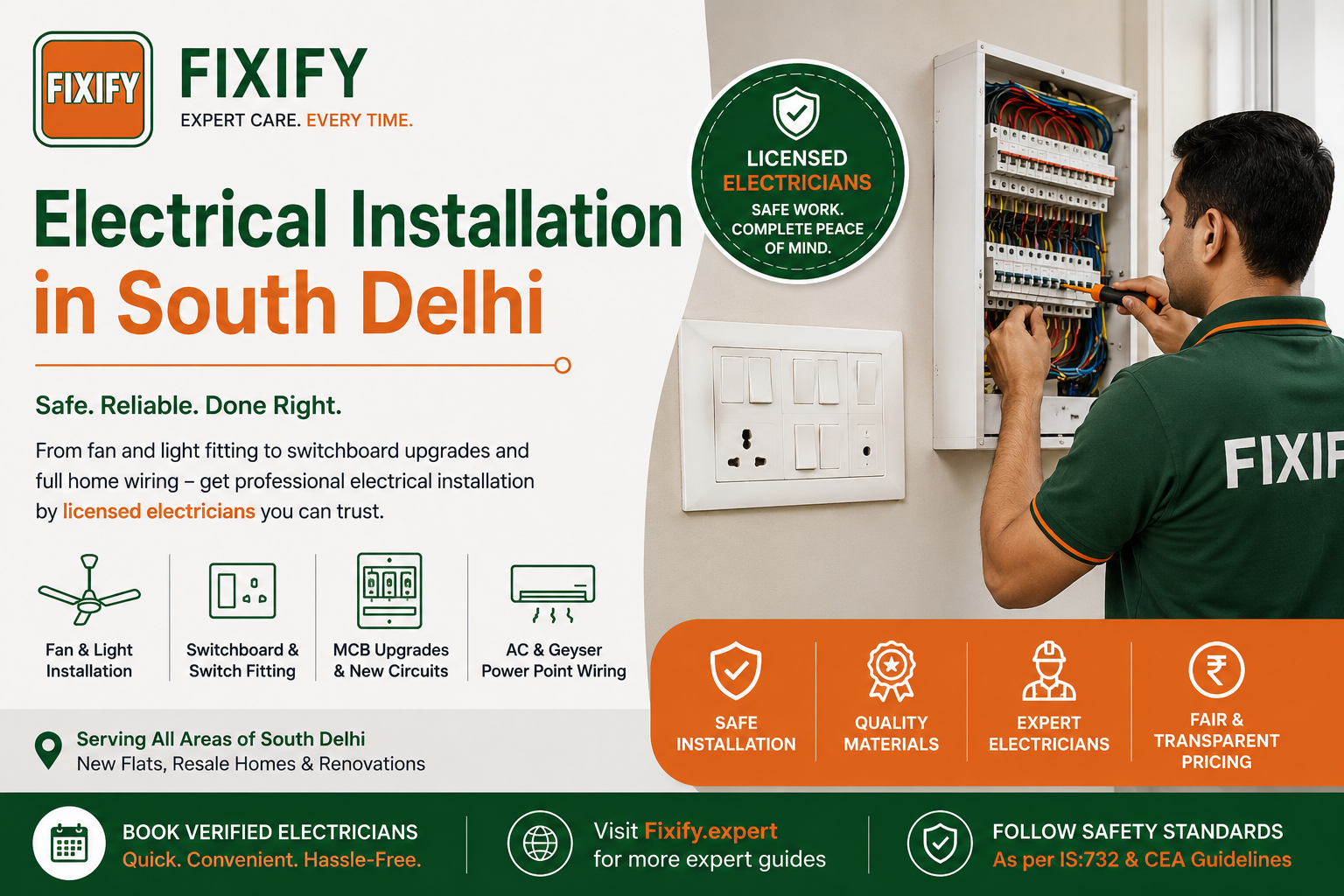 Electrical Installation in South Delhi by licensed electrician working on MCB switchboard and home wiring | Fixify Expert