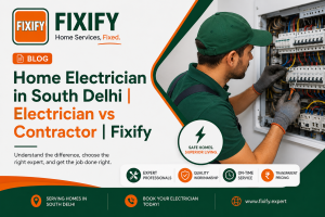 Fixify electrician repairing electrical panel in South Delhi.